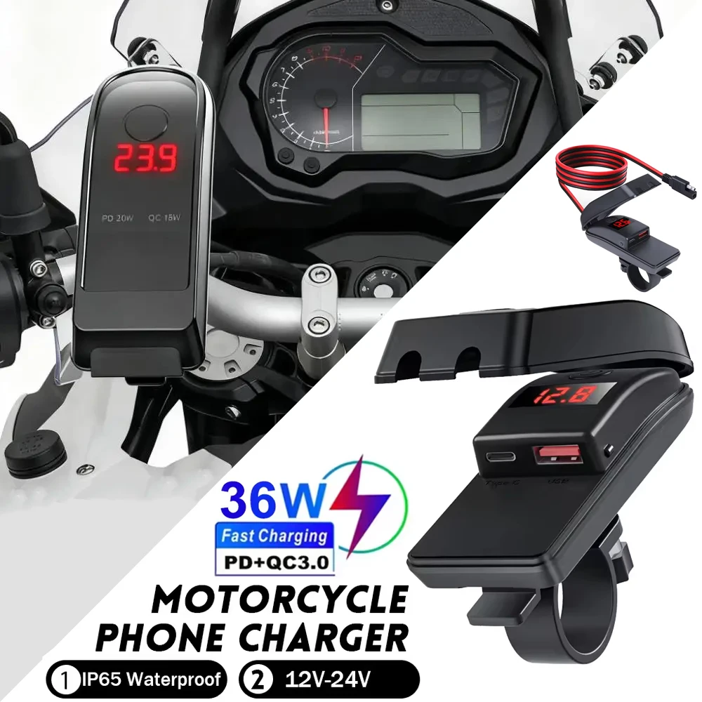 

PD QC3.0 Быстрая зарядка мотоцикла 36 Вт Руль USB C Разъем с переключателем Вольтметр Водонепроницаемый адаптер питания 12 В-24 В ATV Trike