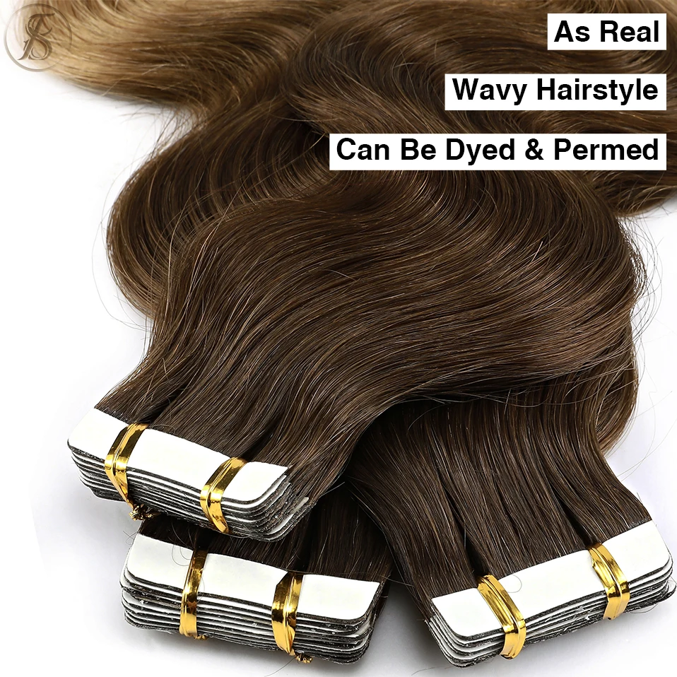 TESS 2.5g Wavy Tape In Hair Extensions Human Hair 20pcs Mega Hair Straight Natural Hair Seamless Invisible Double Side Skin Weft