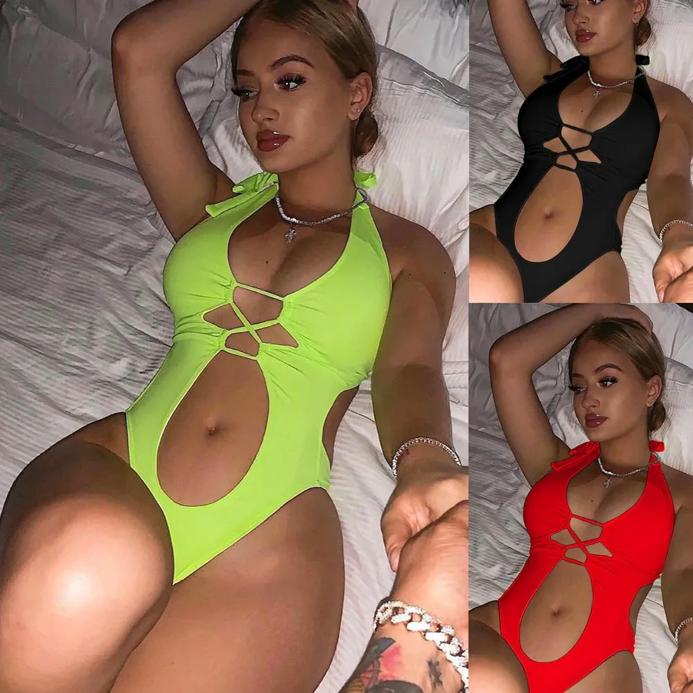 

Woman 2026 Bikini Halter Neck Cut Out Design Black Bikinis High Cut Legs Red Swimsuit Ruched Detail Tie Shoulder Swimwear