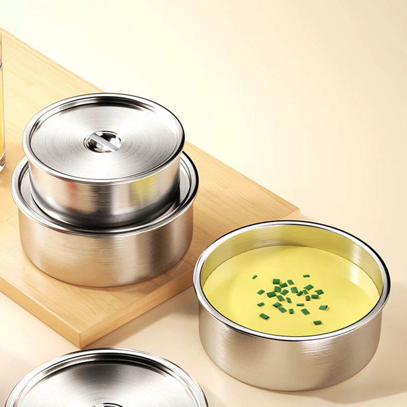 ●Stainless Steel Steamed Egg Bowl Ramen Rice Fruit Salad Stew Bowls With Lids Soup Cup Food Container Kitchen Tableware Supplies