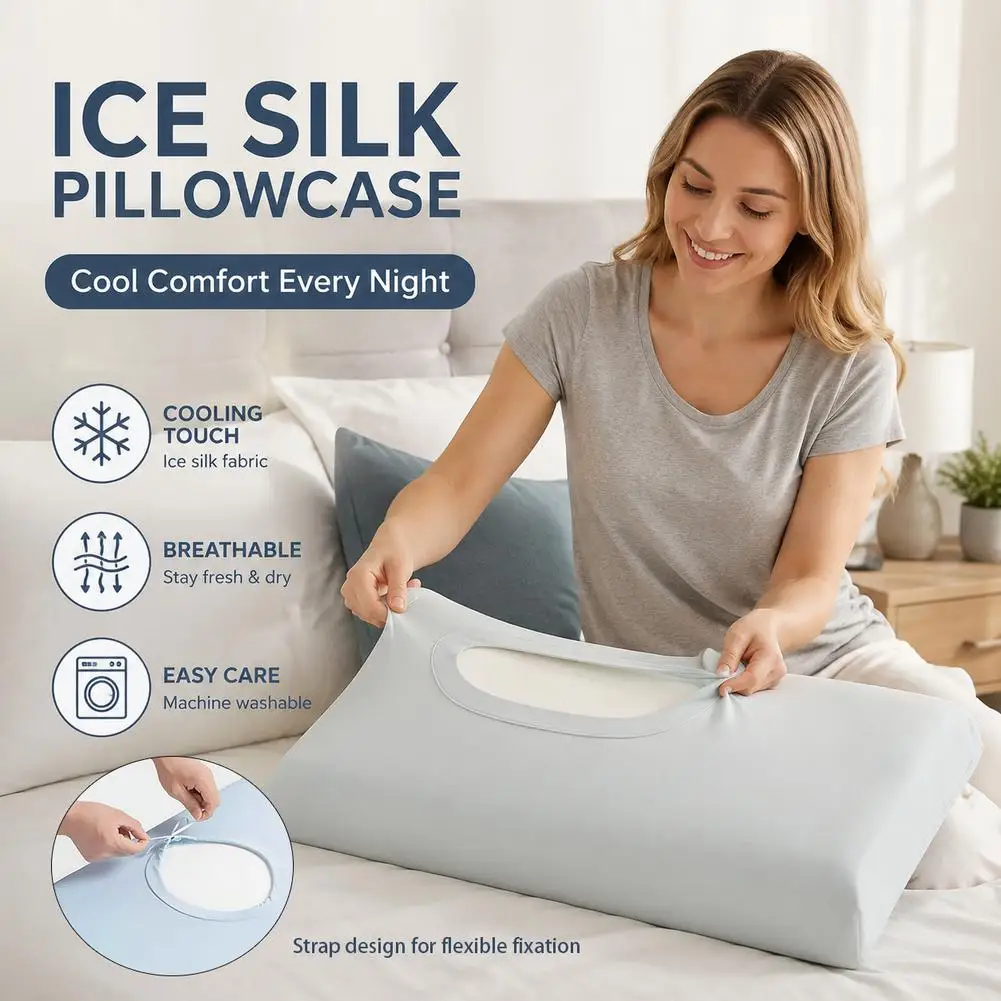 Summer Ice Silk Cooling Pillowcase Drawstring Adjustable Non Zipper Breathable Sweat Wicking Cool Touch Pillow Cover