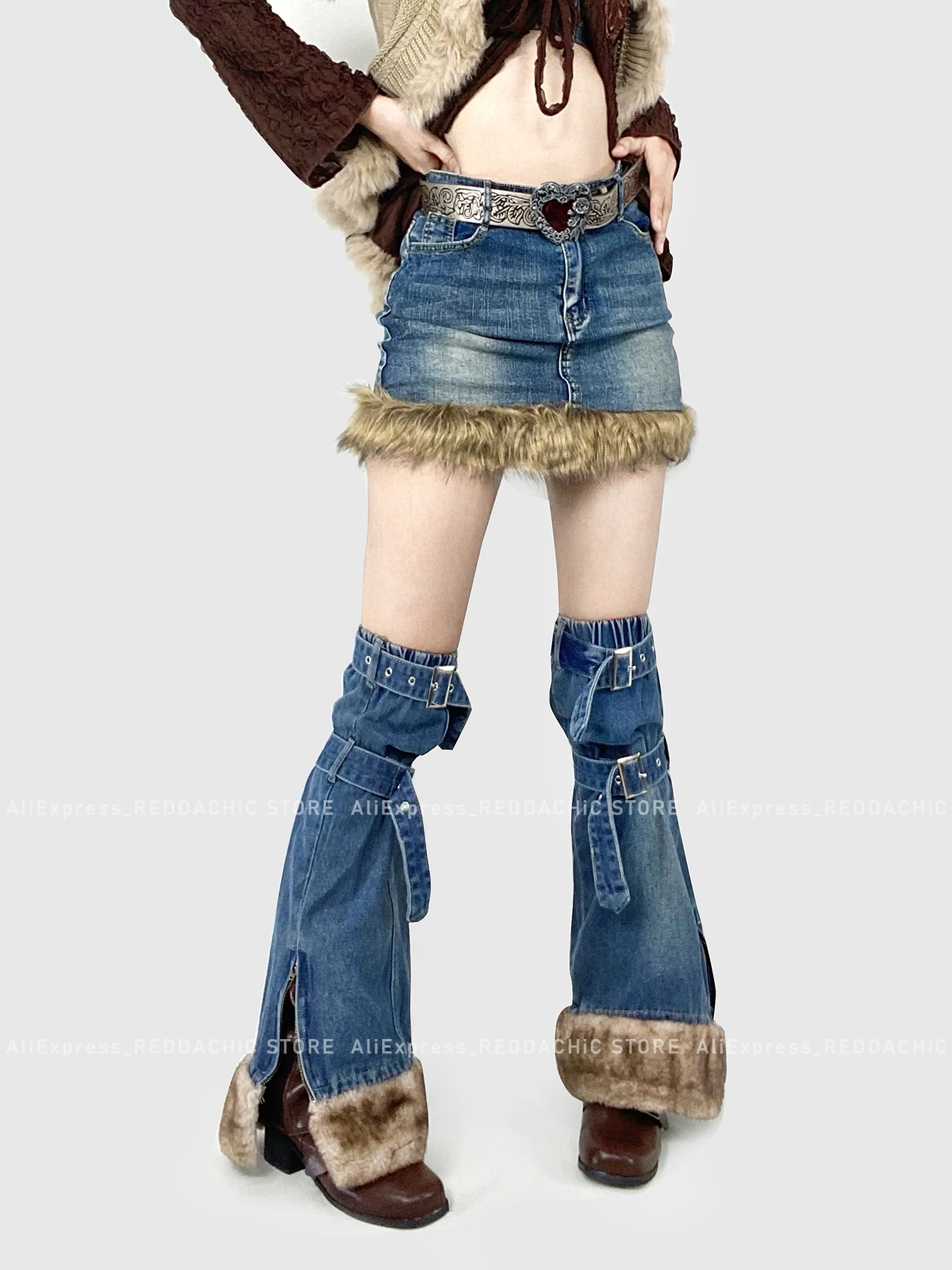 ReddaChic Grayu Y2k Fur Trim Leg Warmers Mini Skirt Women 2-piece Set 90s Retro Denim Suit Stitch Fluffy Warm Winter Streetwear