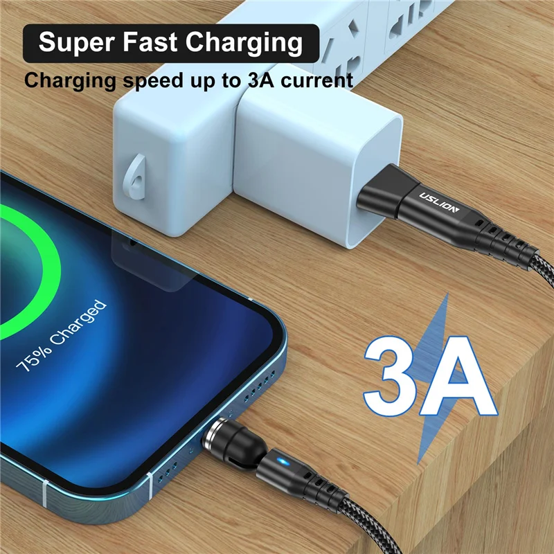 USLION PD 60W 3A Fast Charging  540° Rotate Magnetic Cable QC3.0 4.0 Micro USB Type C Cable For iPhone 13 Samsung S22 Xiaomi 11