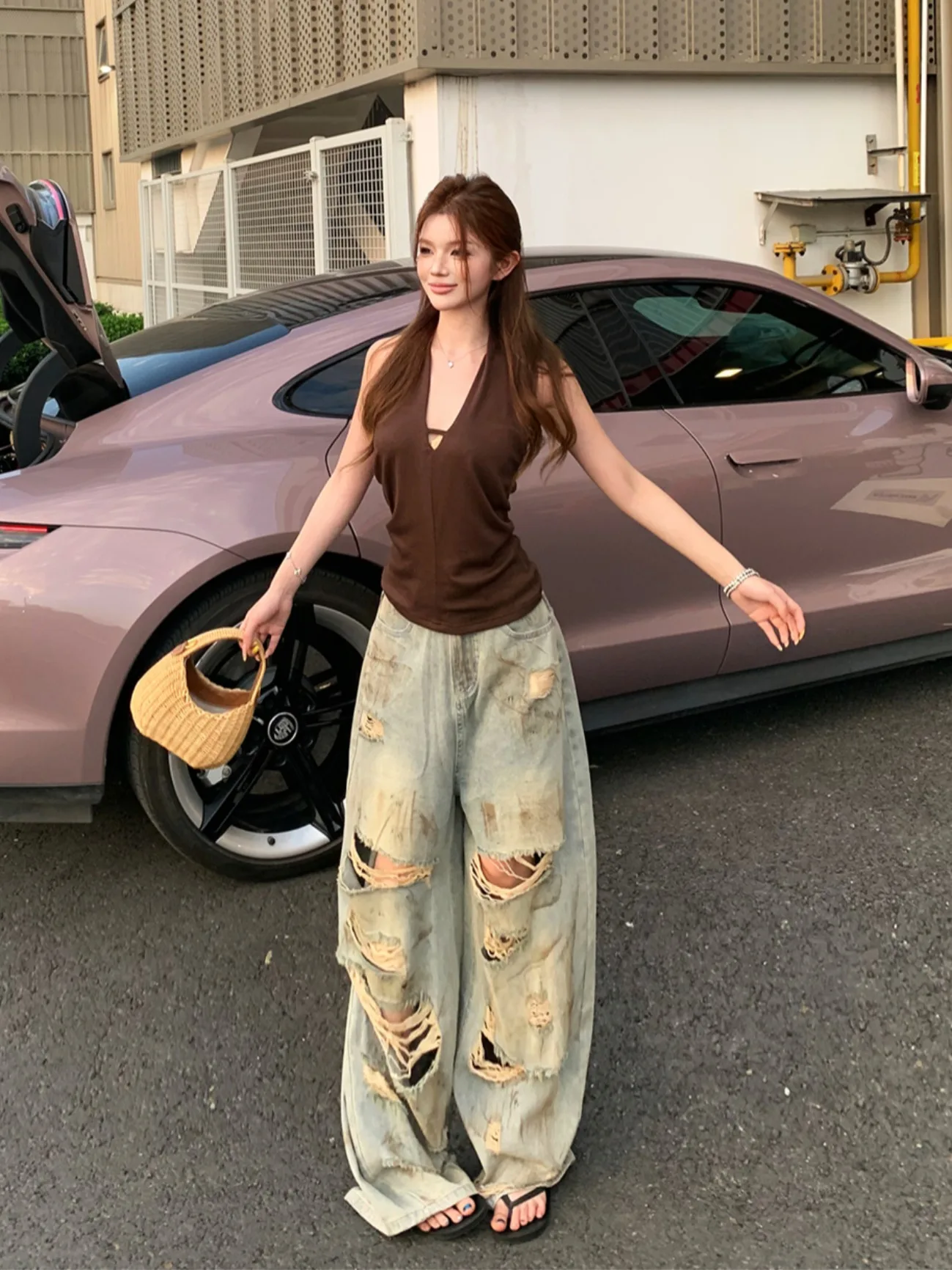 

Korean Style Spicy Girl Neck Hanging Backless V-neck Halter Top Women's Heavy Ink Vintage Ripped Denim Jeans Set High Waist W...