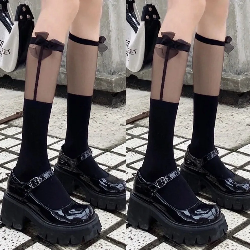 

Japanese Transparent Calf Socks Bowknot Lolita JK Knee Sock Mid Tube Socks Girls Slim Stockings