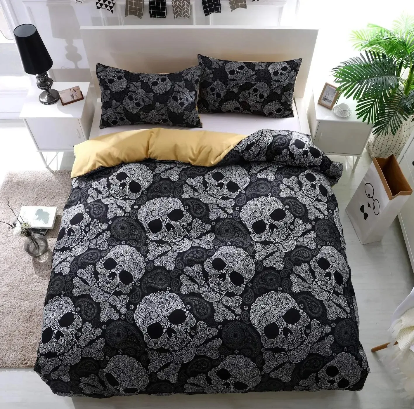 

Skull Duvet Cover Set Black and White Floral Skull Skeleton Bedding Set Microfiber TwinFullQueenKing Size Quilt Cover 3 Piece