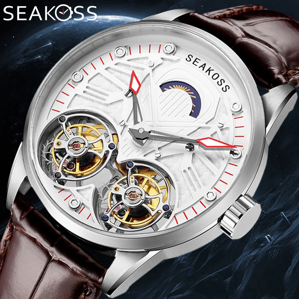 

SEAKOSS Luxury Skeleton Men's Tourbillon Manual Mechanical Watches Double Tourbillon Luminous Hands Watch for Men Sapphire Glass