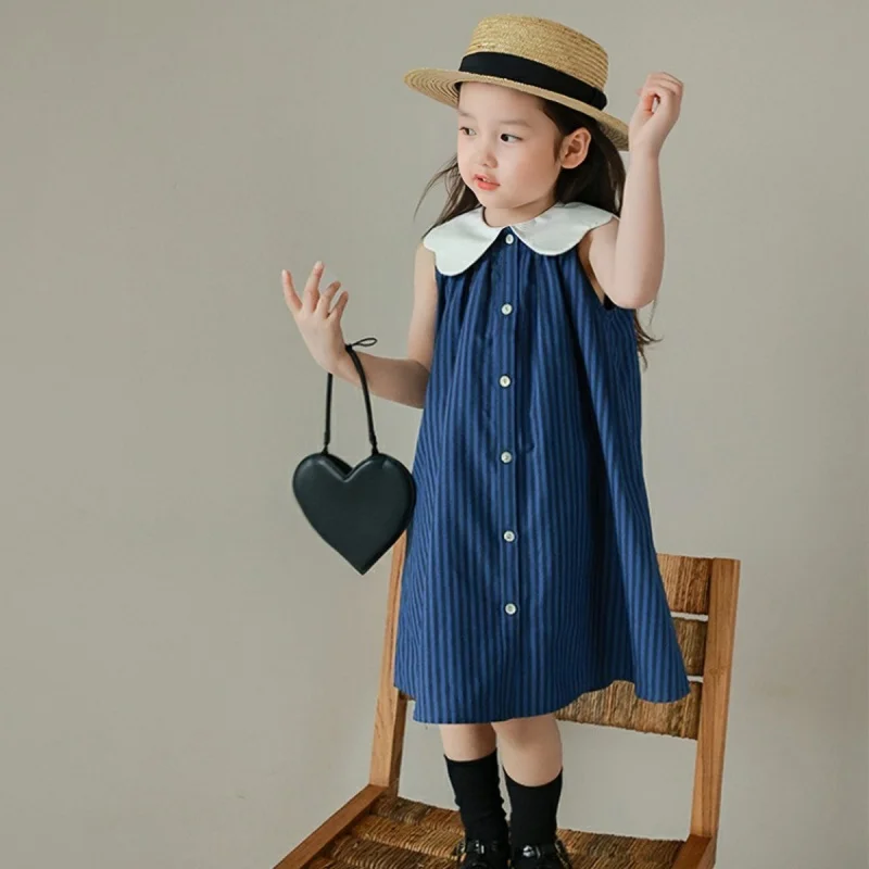 Korean Style Girls Dress Summer Sweet Kids Dresses Cotton Solid Color Sleeveless Children Dress Casual Girl Clothes 3-8 Years