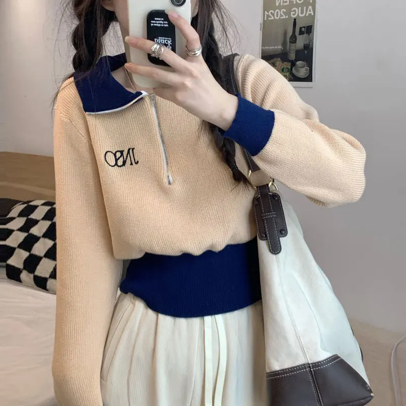 Contrasting Colors Polo-Neck Jumpers Female Fashion Patchwork Zipper Autumn Winter New Korean Waist Long Sleeve Knitted Sweaters