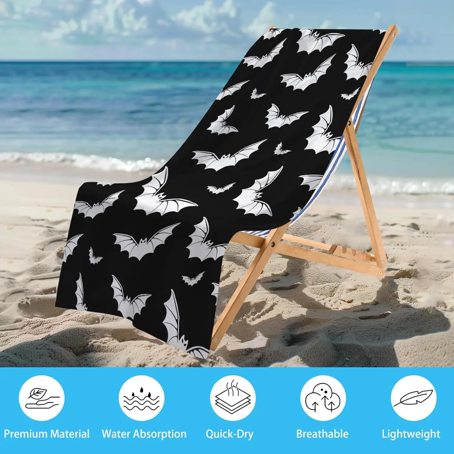 Goth Bat Beach Towel, Black and White Gothic Halloween Bats Design Quick-Dry Sandproof Bath Towel for Swim, Travel and Yoga