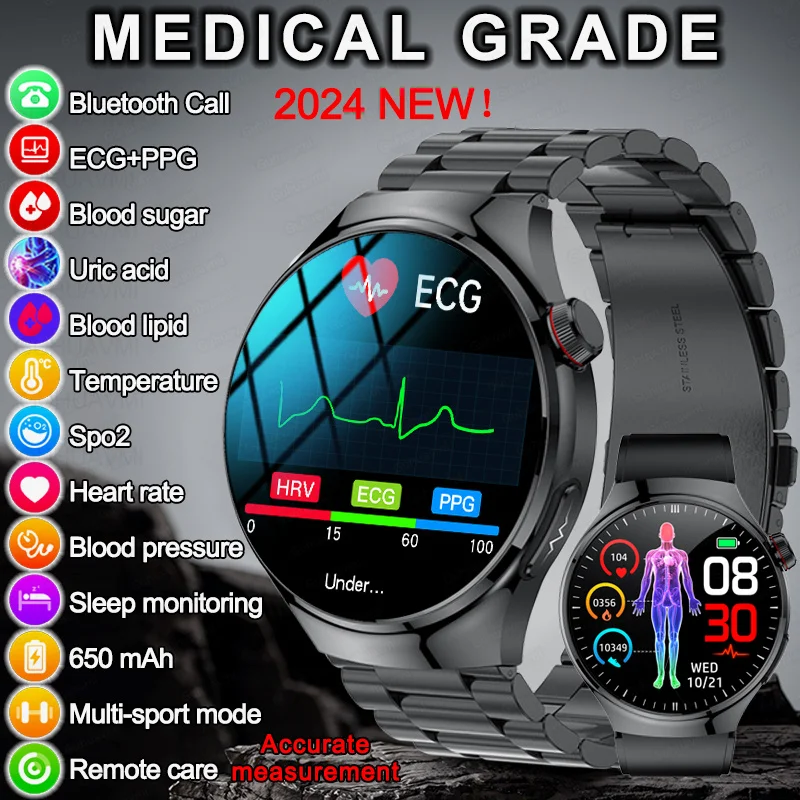 2024 novo ecg + hrv + ppg grau médico relógio inteligente masculino freqüência cardíaca glicose no sangue lipídios ácido úrico bluetooth chamada