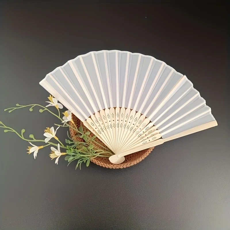 1Pc Elegant White Handheld Folding Fan With Matching Storage Pouch Bamboo Handicraft Ideal Wedding Favor Party Decor Home Orname