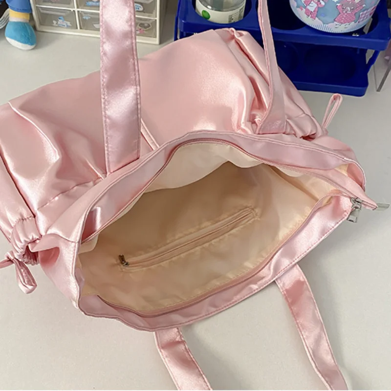 Preppy Style Pearly Lustre Satin Tote Bag Ruched Bow Large Capacity Underarm Bag Cute Women Wear Resistant Ballet Shoulder Bag