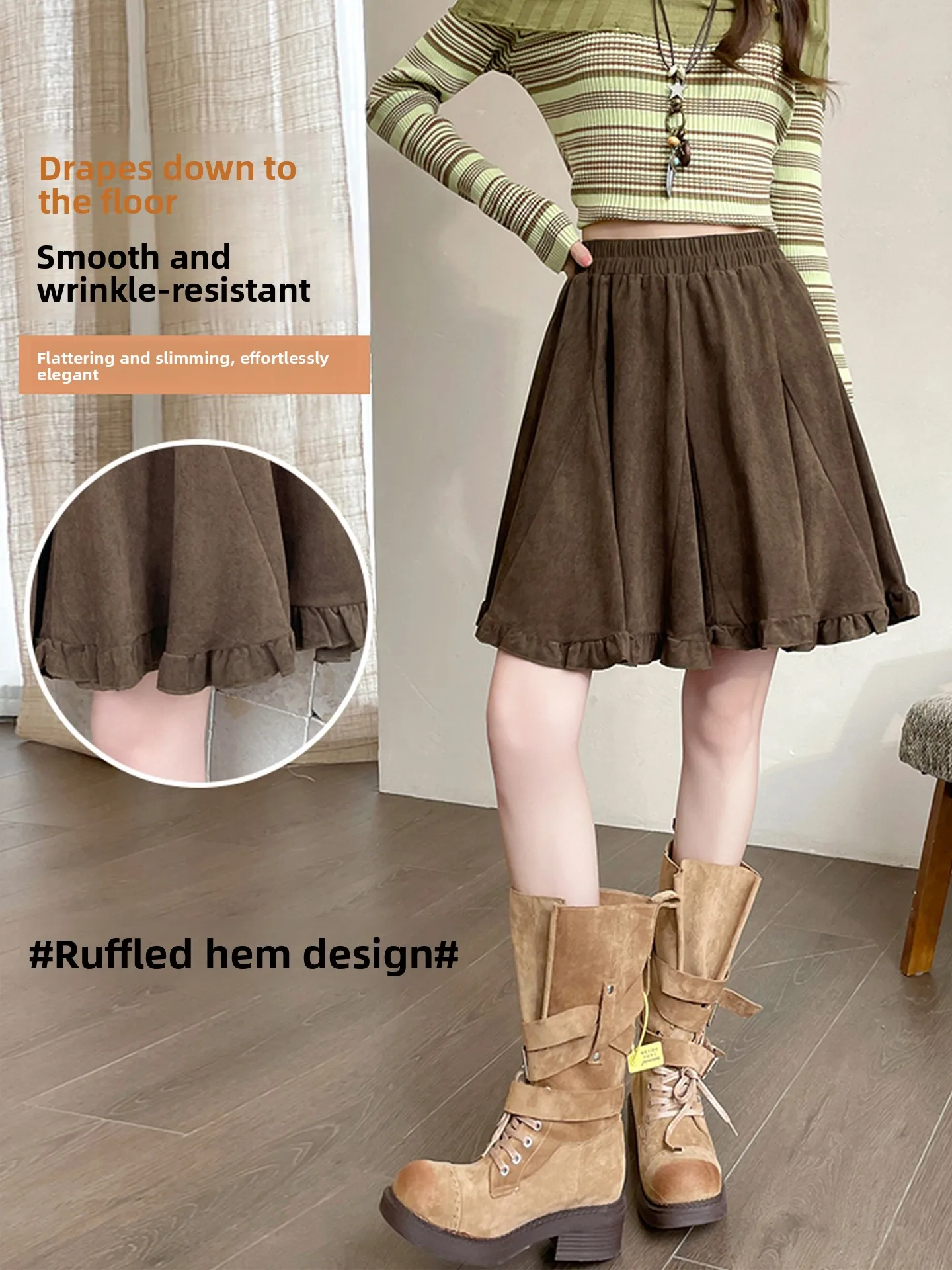 High Waist A-Line  Skirt Women's Autumn Leather Velvet Draping Splice Wood Grain  Slimming Hip Covering Korean Style