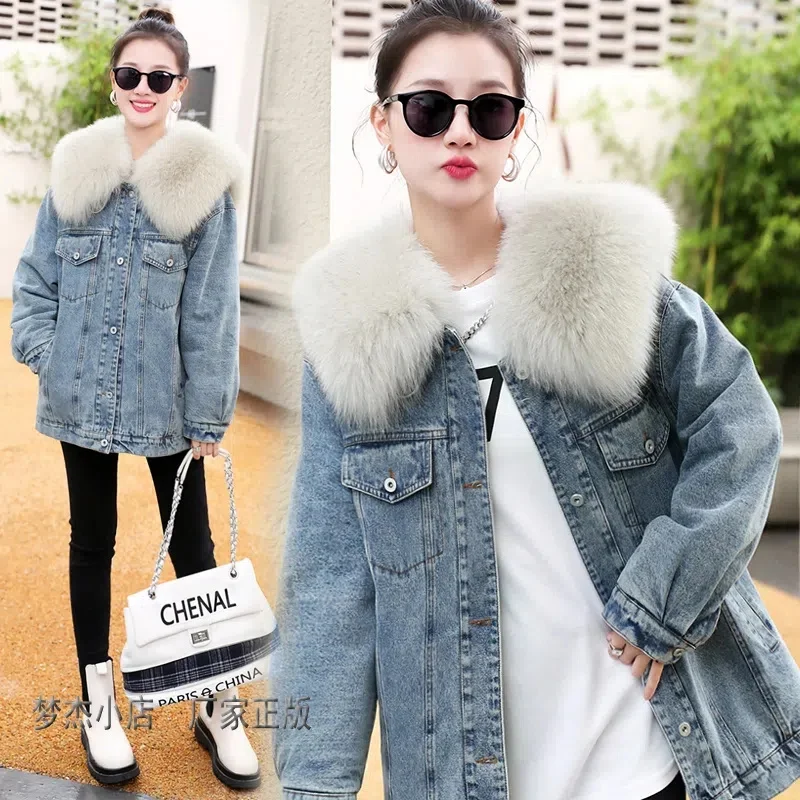 

Luxury Brick Cabinet Goods Real Fox Fur Collar Fur Coat Denim Cotton-Padded Female Winter Plus Cashmere Thickening Pie Overcome