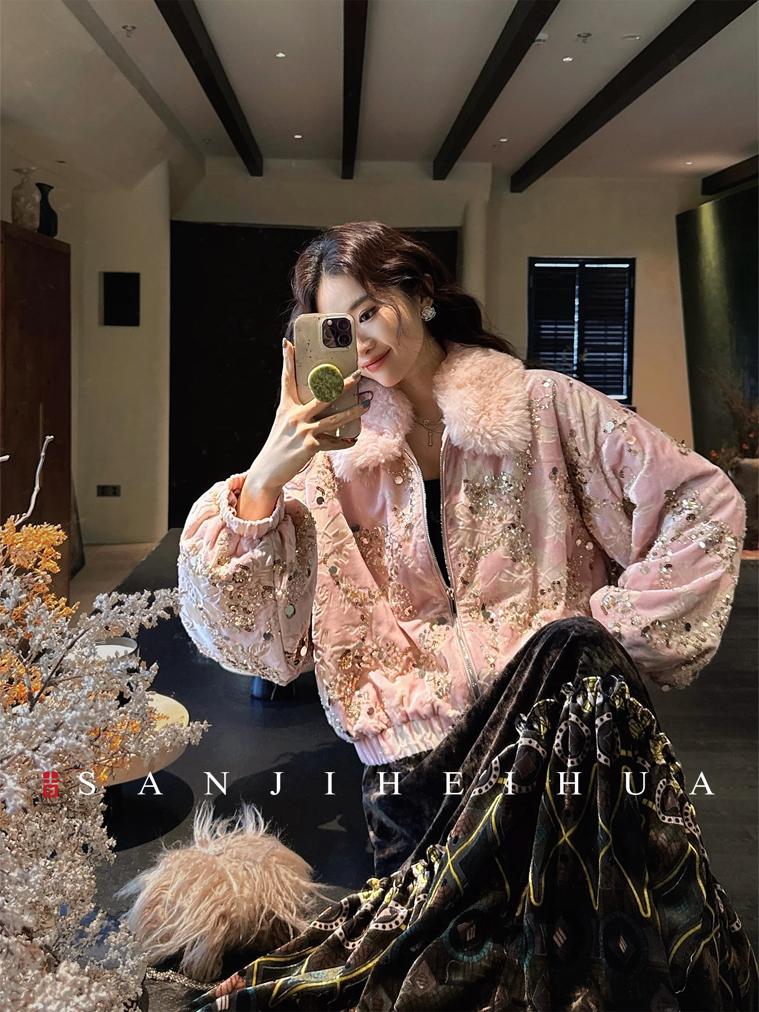 

Sanji Bla Flower New Chinese Sle Cotton Jaet Embroidered Velvet Collar Burnt Flower 2025 New Arrival Thiened Long Sve