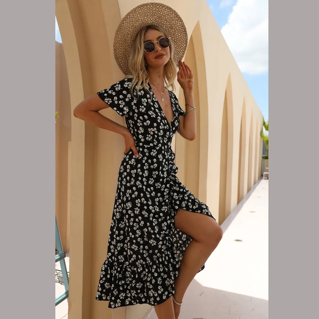 Women Sexy Chiffon Dress Floral Print Dress V-neck Lace Up Dress Asymmetric Ruffle Slit Beach Skirt Casual Style