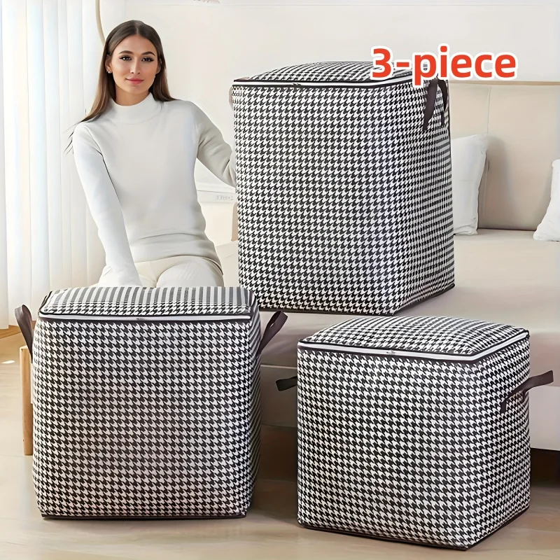 

Three-piece set of thousand bird checkered pattern storage bags, 100L large foldable and thick, dust-proof and moisture-proof, w