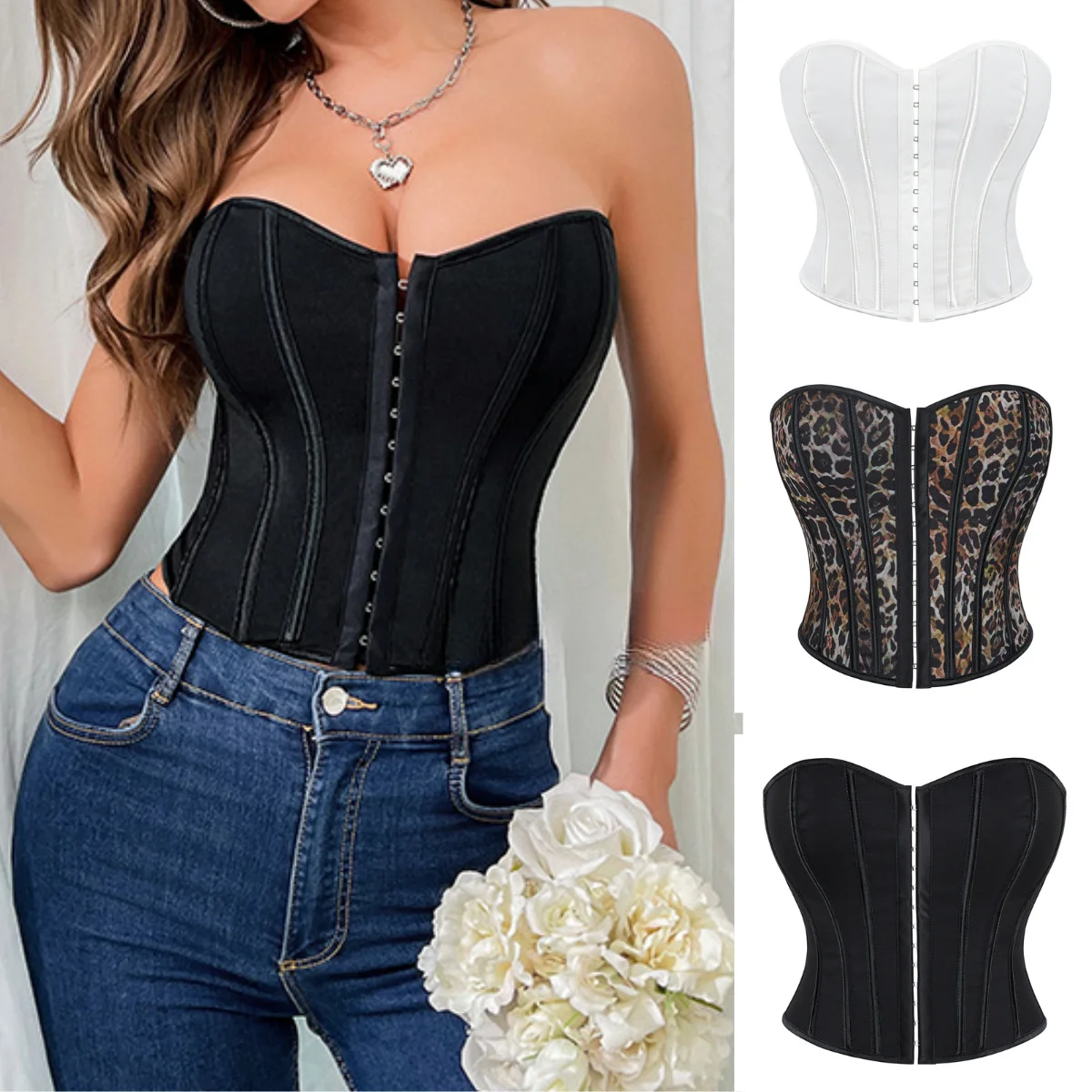 

Strapless Corset Tops Vest Sexy Women Leopard Print Bustier Waist Cincher Shapewear Overbust Female Bodyshaper Tight-Fitting Top