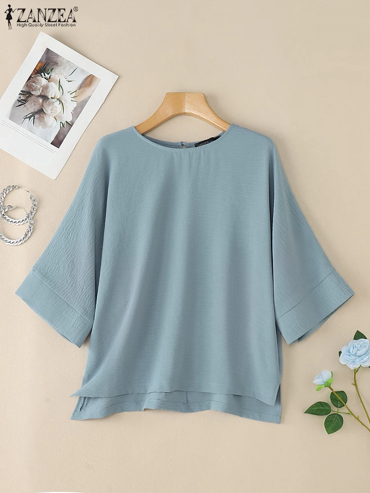 2025 Camicette da donna ZANZEA Casual O Collo Baggy Camicie da ufficio Autunno Manica 3/4 Blusas Estate Top Elegante Solid Chemise Oversize