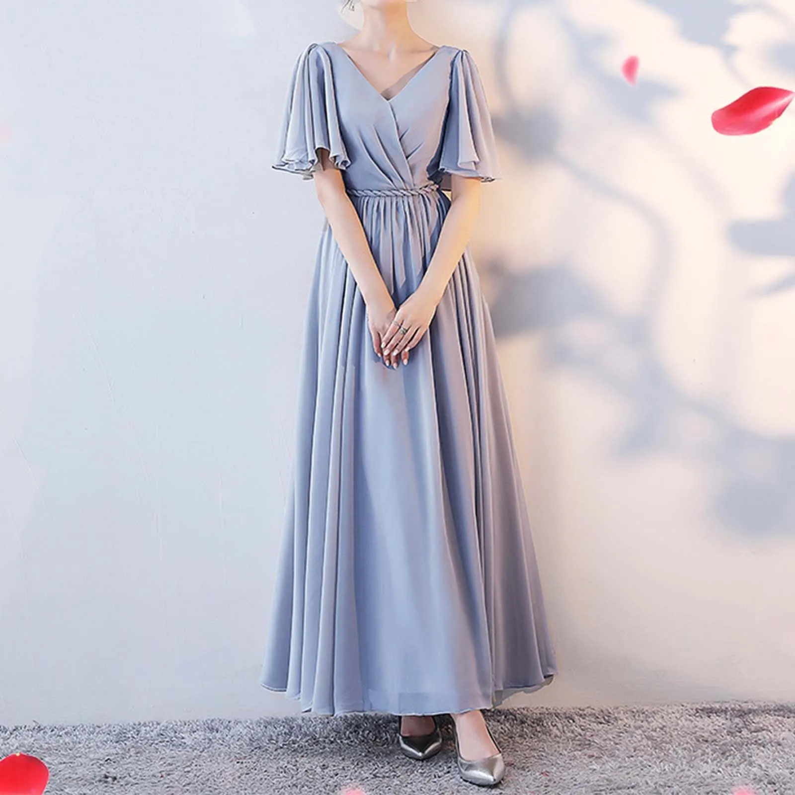 

Chiffon Bridesmaid Evening Gown Dress Women Annual Banquet High Waist Elegant Long Dresses V Neck Solid Formal Pleated Dress