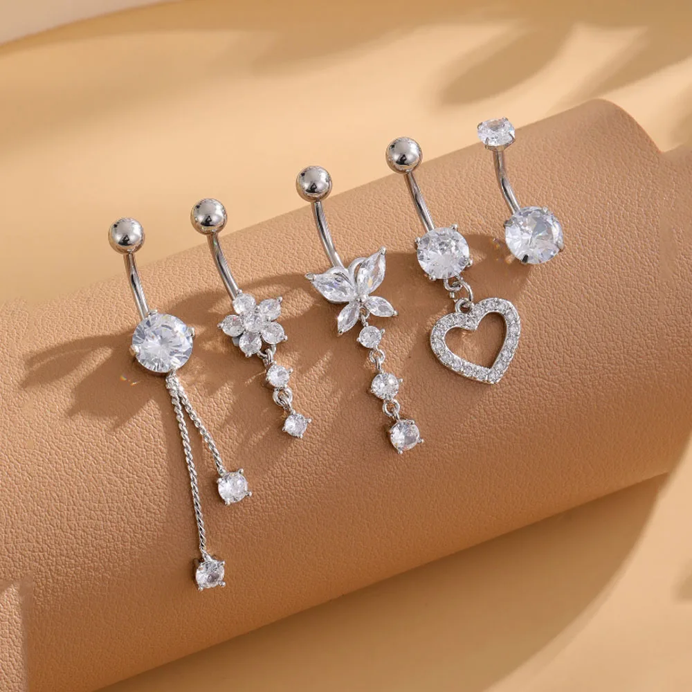 4-5pcs/lot Chain Tassel Pendant Belly Button Rings Set Belly Piercing 14G Butterfly Curved Navel Piercings Jewelry for Women