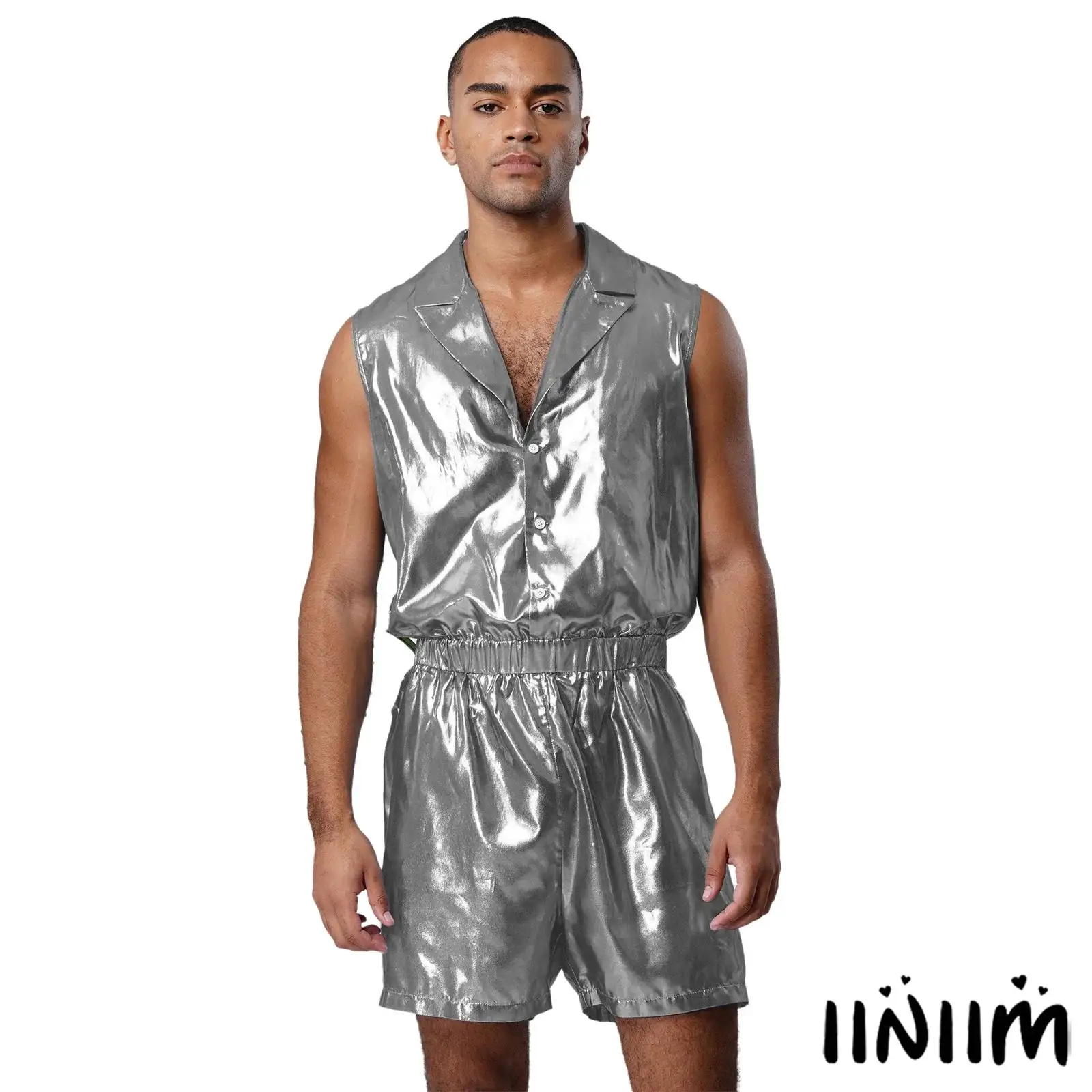 

Men See-Through Metallic Chiffon Jumpsuit Lapel Collar Sleeveless Elastic Waist Bodysuit for Nightclub Pole Dancing Raves Party