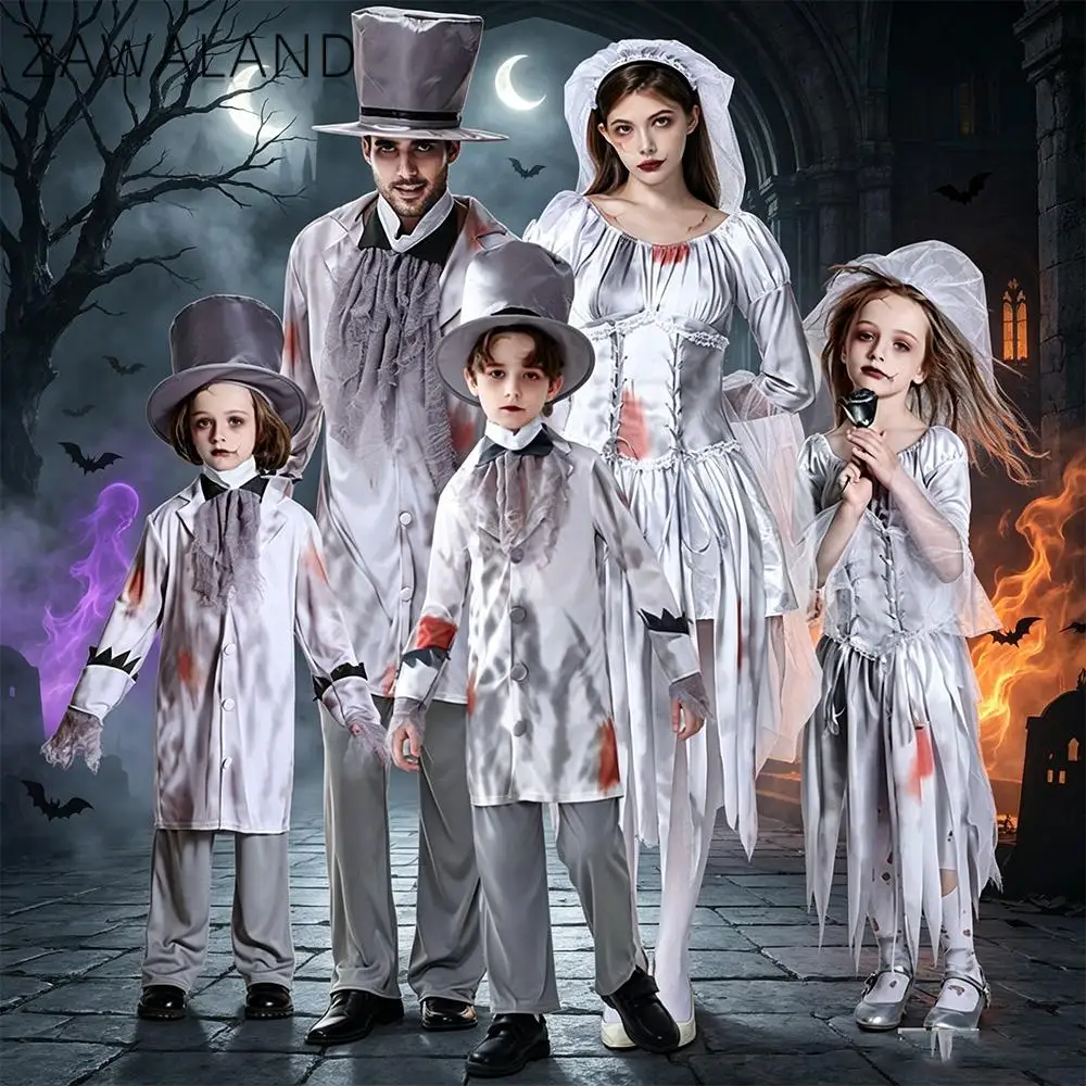 Zombie-Geisterbraut-Bräutigam-Kostüm, Familien-Set, Gruseliges Leichen-Hochzeits-Cosplay-Outfit, Karnevalsparty-Maskerade-Kostüm