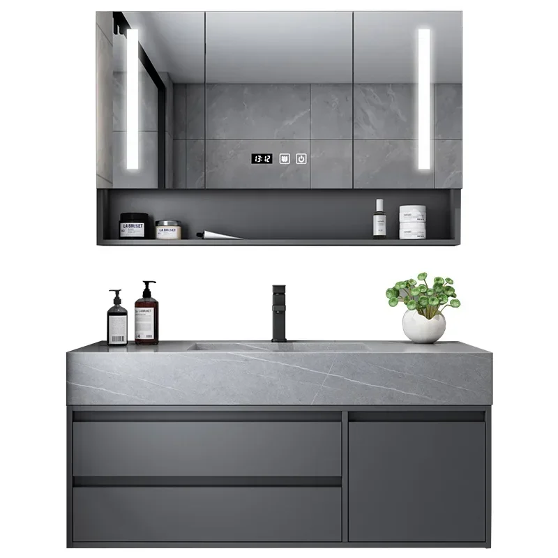 

Hotel Solid Wood Wall Mount Dark Gray Washroom Storage Cabinet Combo Marble Floating Vanity Bathroom
