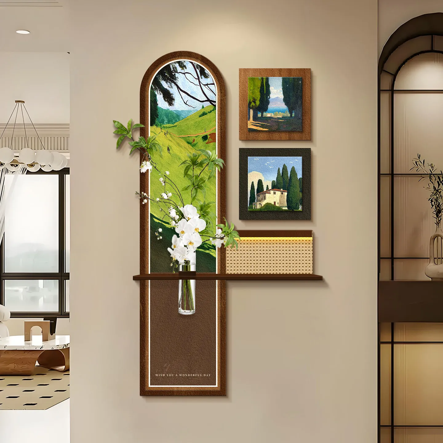 Three dimensional hydroponic green plants with ancient style entrance decoration, entrance doors, corridor wall lamps, paintings