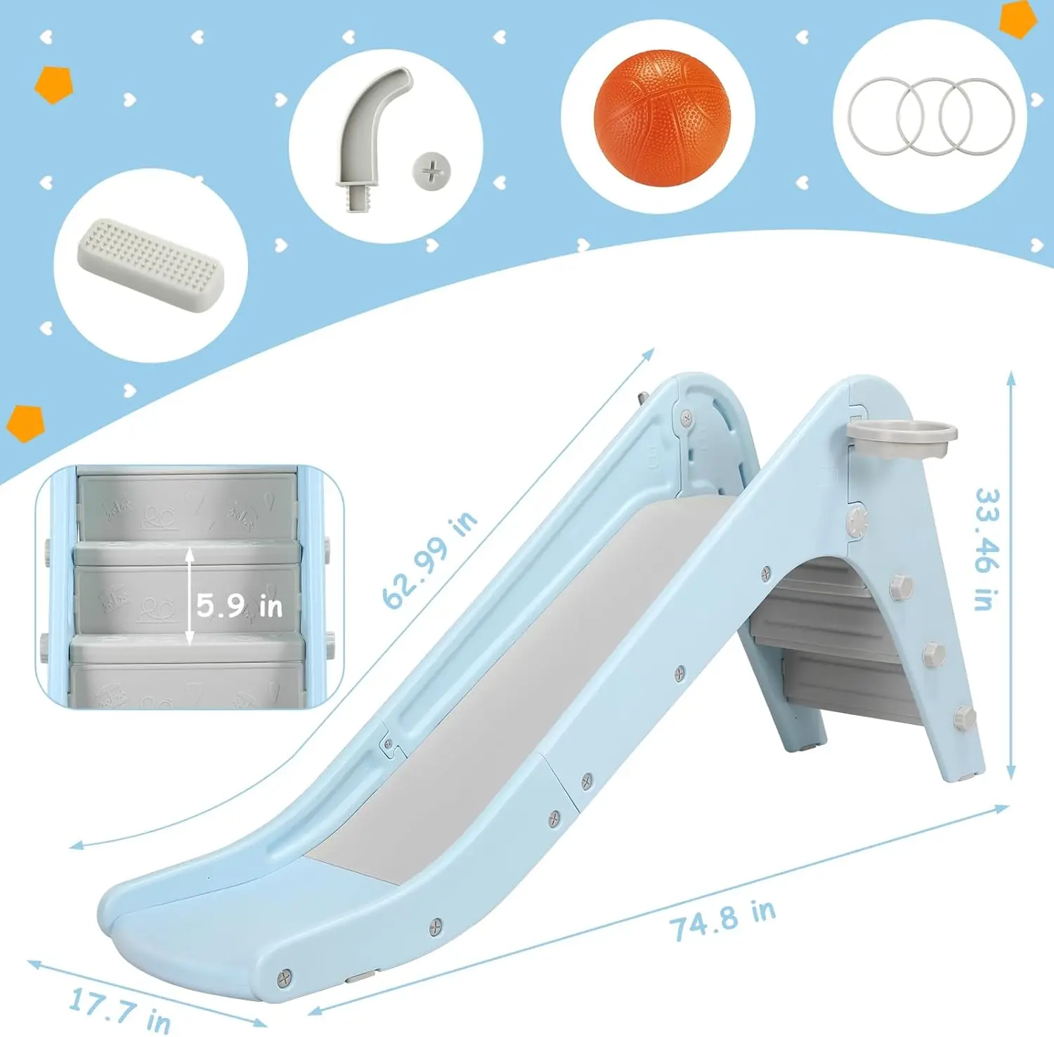 

Freestanding Toddler Slide, Kids Slide w/Basketball Hoop & Ball, Ring Game, Enclosed Stairs, Baby Climber Playset