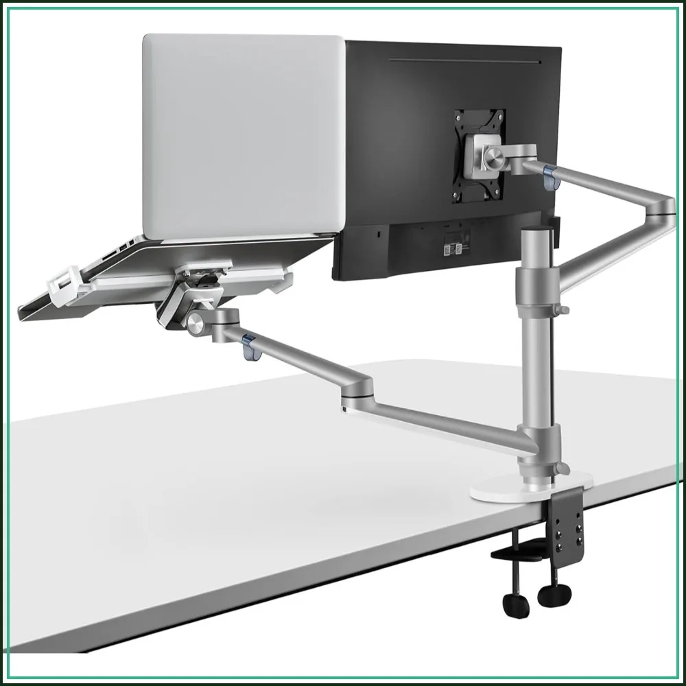2-in-1 Adjustable Dual Arm Desk Mount for 17-32" Monitors & 12-17" Laptops, Heavy Duty Aluminum, Silver
