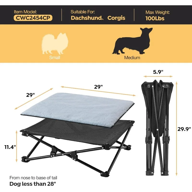 Cama elevada dobrável para cães, berço portátil 2 em 1 com almofada de algodão reversível removível, cama para cães elevada para viagem ao ar livre