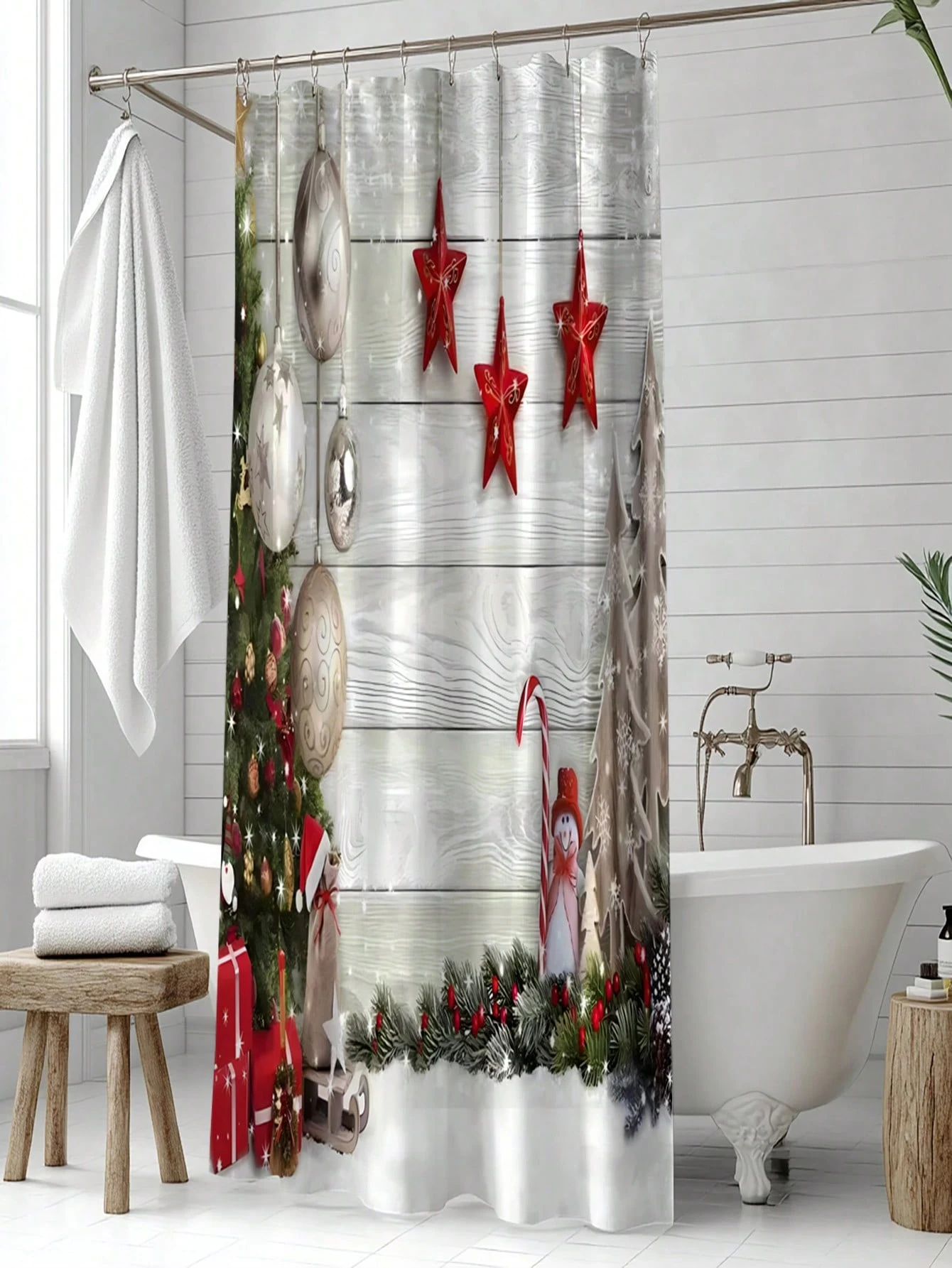 1 Pack Christmas Star Pattern Polyester Material Shower Curtain Tarpaulin Bathroom Thickeneded Mildew-proof Partition Curtain Bathroom