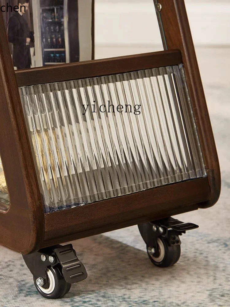 ZML中世風無垢材カートソファサイドキャビネットモバイルコーヒーテーブル（キャスター付き）ブラックウォルナットダイニングカーホーム