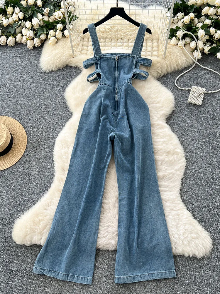 レトロデニムジャンプスーツ レディース 夏 2025 アップリケボタン フルパンツ 韓国風 ハイストリート ルーズストレートレッグ オーバーオール