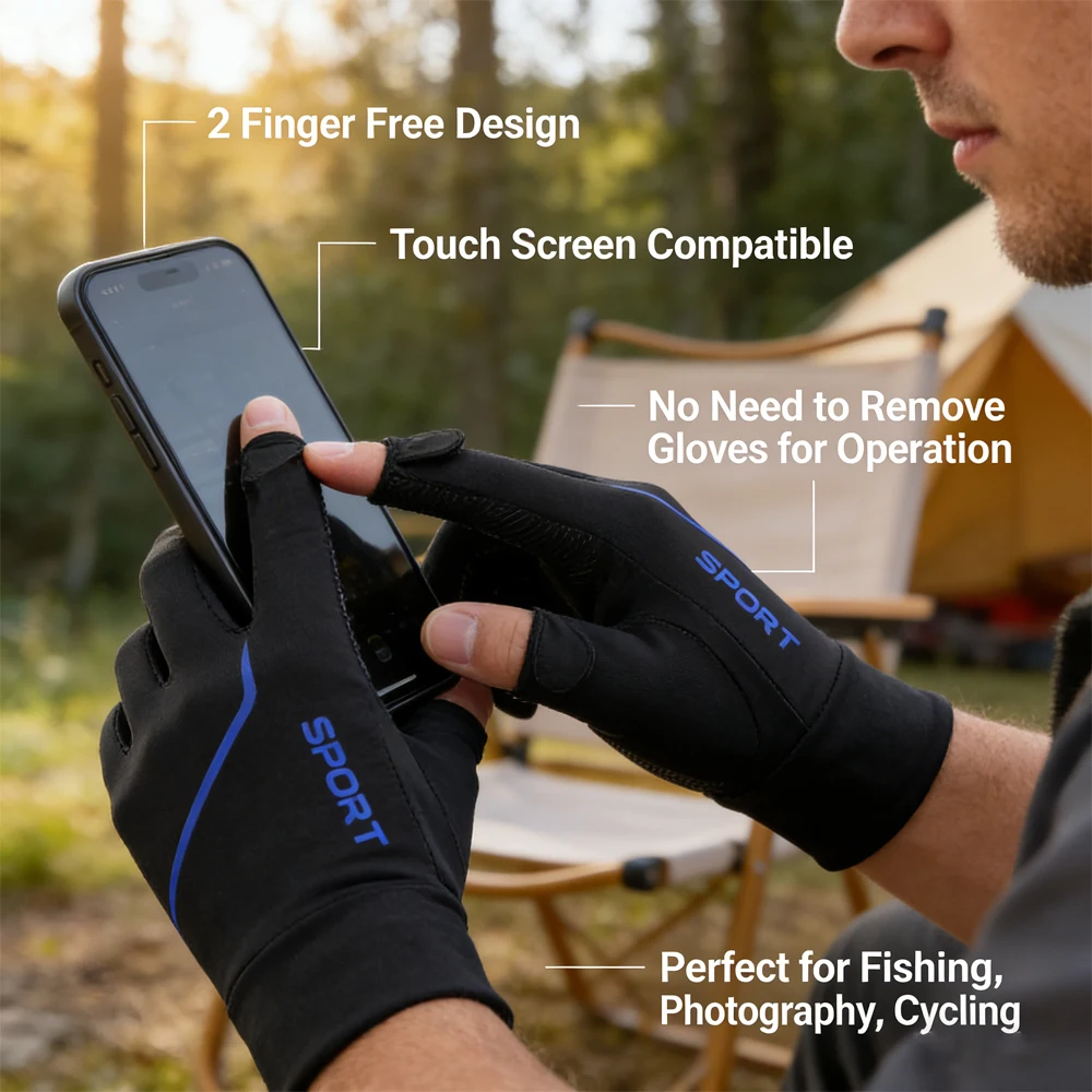 UV Sun Protection Gloves Ice Silk Cooling 2 Finger Touchscreen Non Slip for Men Women Summer Outdoor Fishing Cycling Sports
