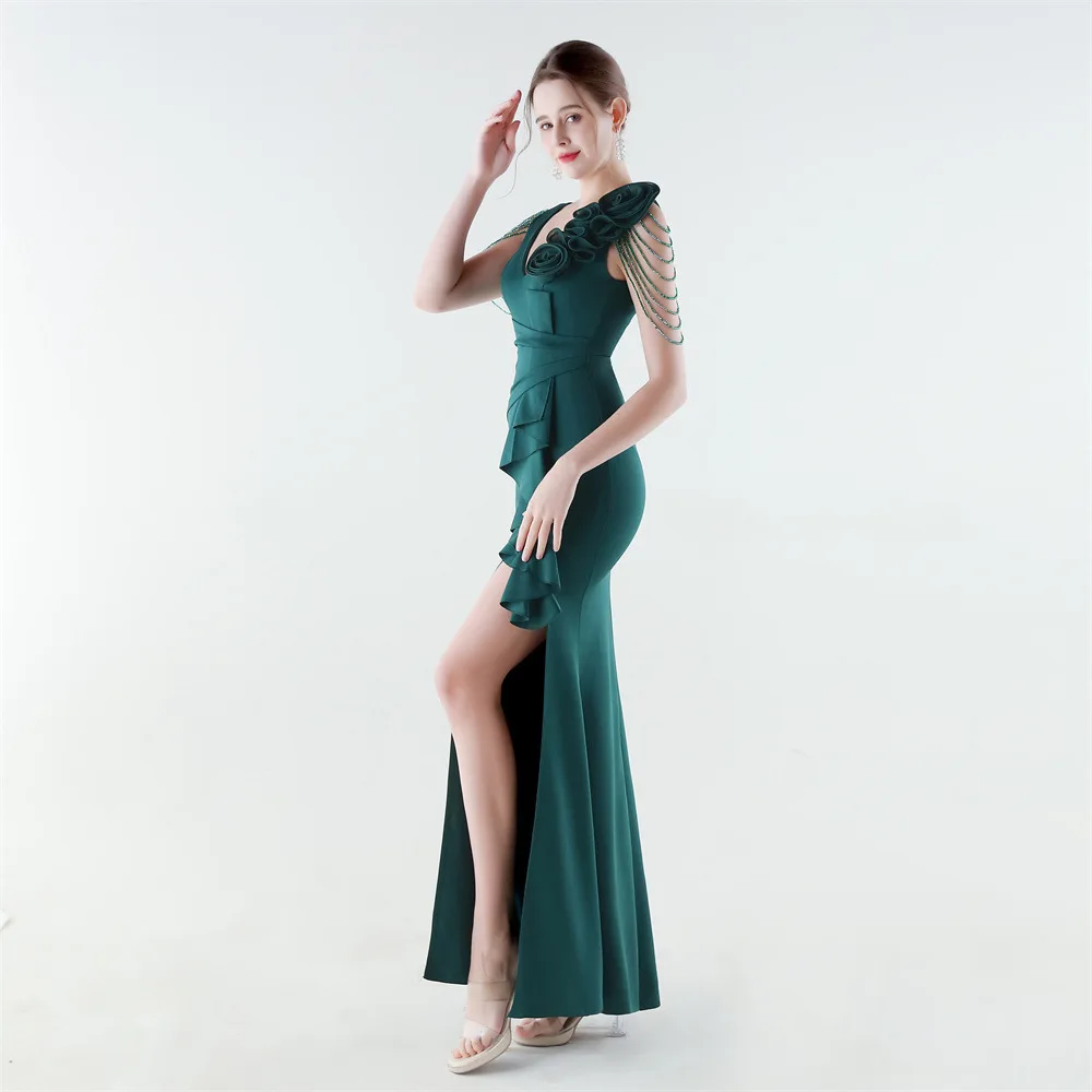 DEERVEADO Vestidos de noite sereia com decote em V e miçangas Vestido formal elegante feminino para ocasiões especiais Vestidos maxi de festa de baile