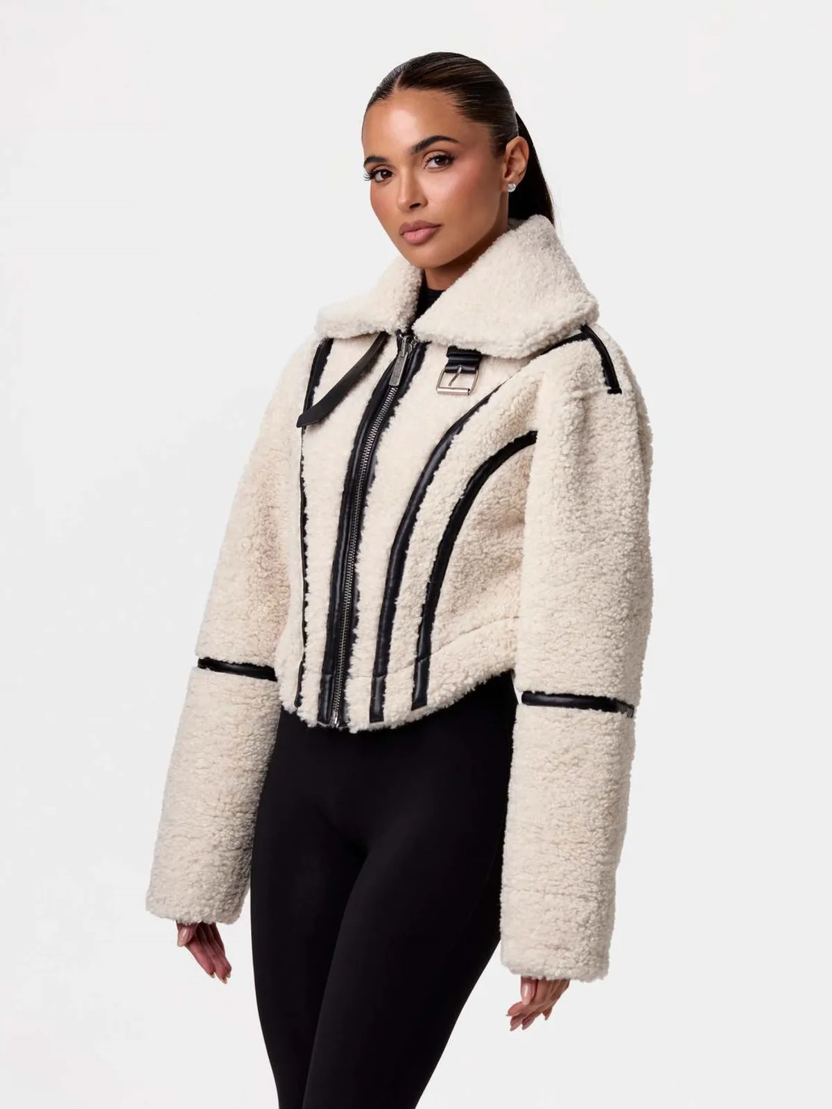 DFDG Women 2026 Cropped Teddy Fleece Jacket Lapel Collar Zipper Up Strap Decor Winter Warm Streetwear Outerwear Fashion Jacket