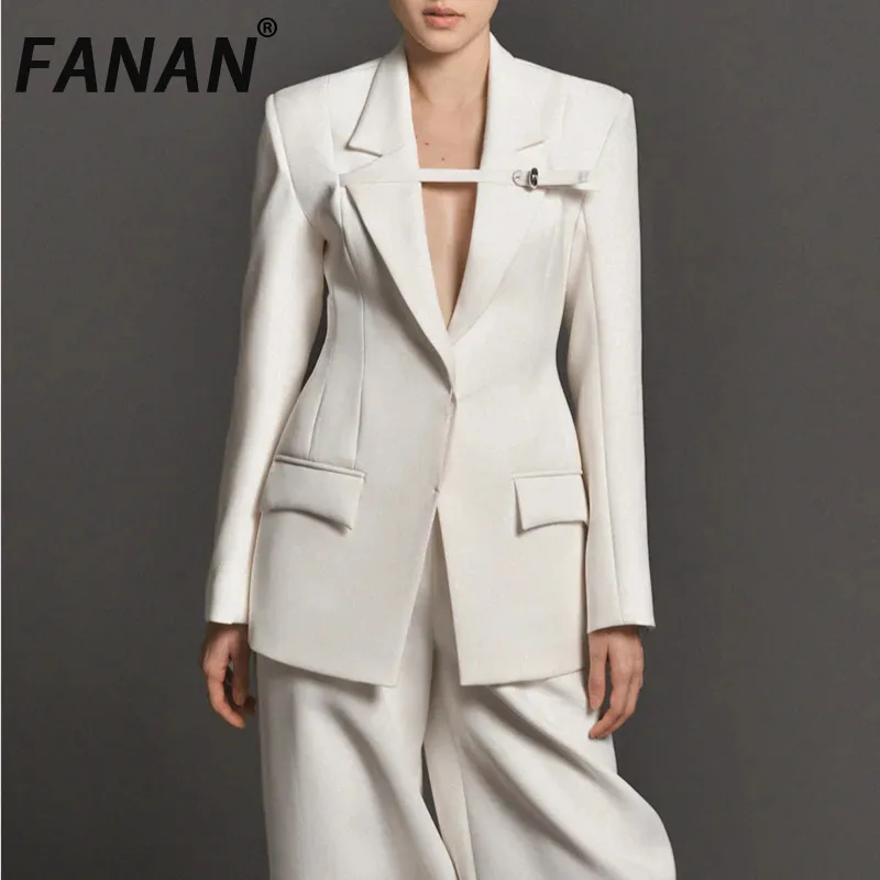 

FANAN Temperament Gathered Waist Blazers For Women Notched Long Sleeve Office Lady Fit Jackets Female Coats 2025 Spring New
