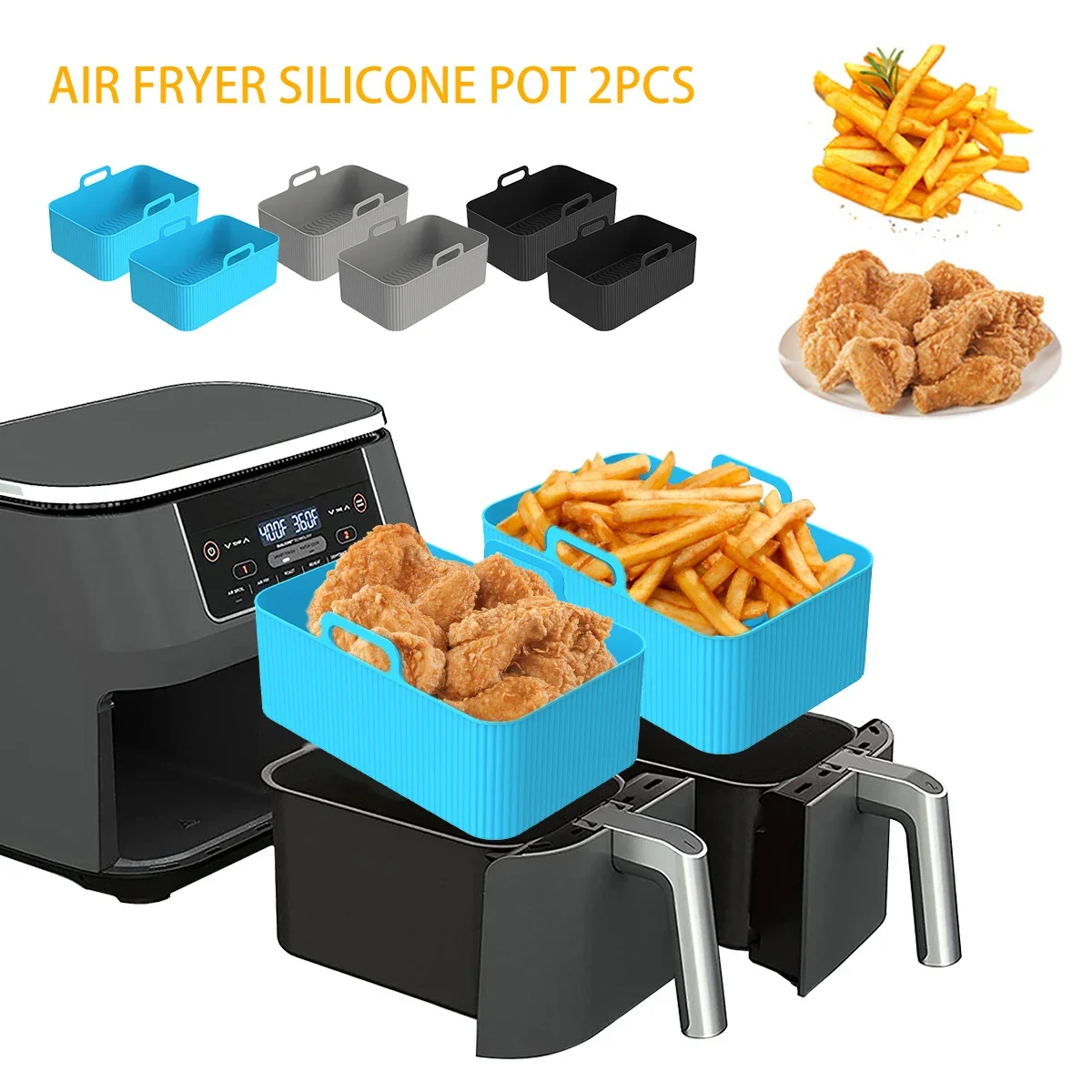 

2 Piece Rectangular Air Fryer Silicone Liner, Reusable, Replacement Baking Pan Basket, Non-Stick, Easy to Clean, Food Safe Blue