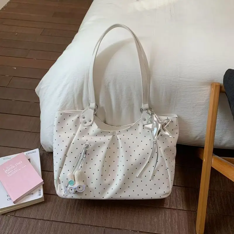 

Вместительная сумка-тоут в горошек, корейская модная сумка через плечо с магнитной застежкой и подвеской-звездой, повседневная универсальная сумка для поездок на работу