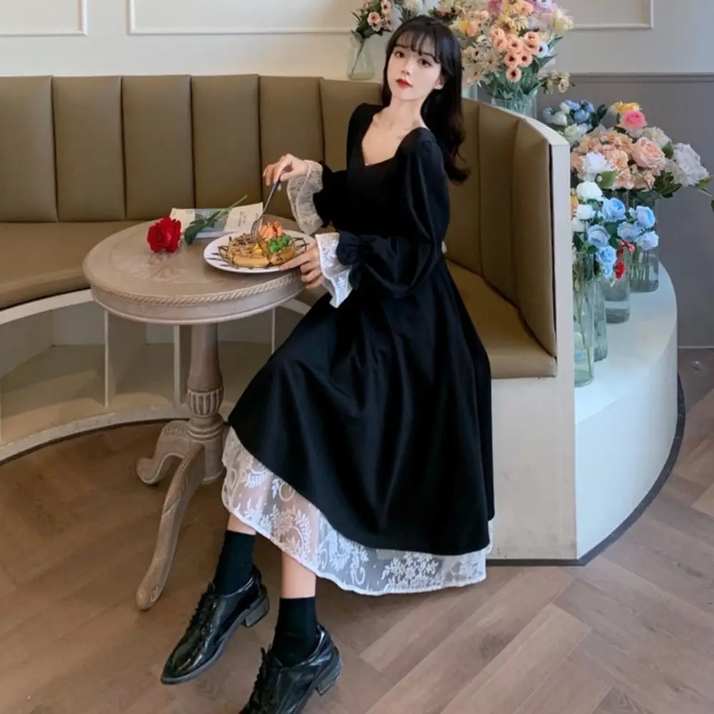 

Fashion Slim Fit Lace Princes Dress A-line Sweet Girls Long Dress Ballet Style Pleated Puff Long Sleeved Dress Party