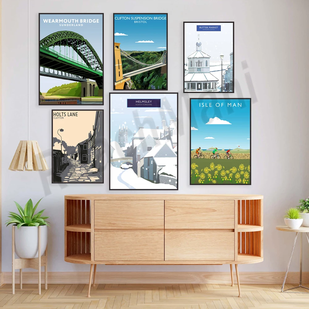 Bristol, Isle of Man, Aldeburgh, Whitby, Sunderland, Clayton, Eccleshill, Walsingham, Bath Abbey, Borough Bridge travel poster