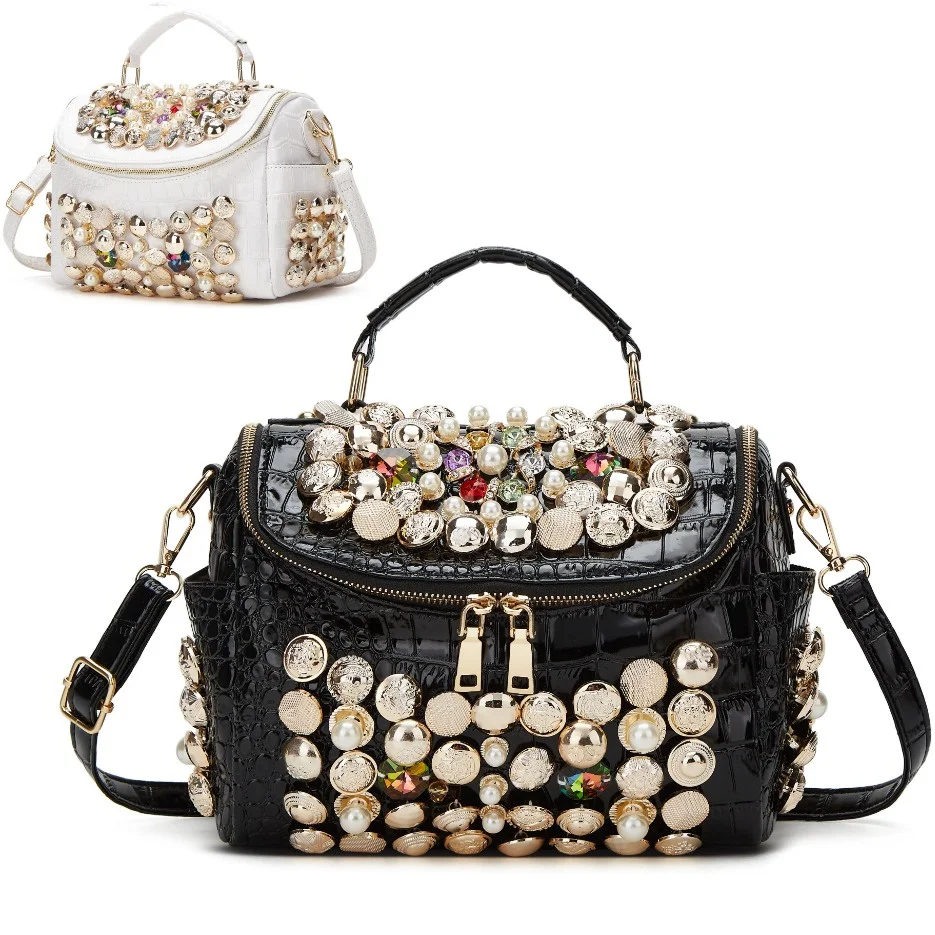 Elegant rhinestone evening handbag, PU leather, polyester lining, zipper closure, detachable strap
