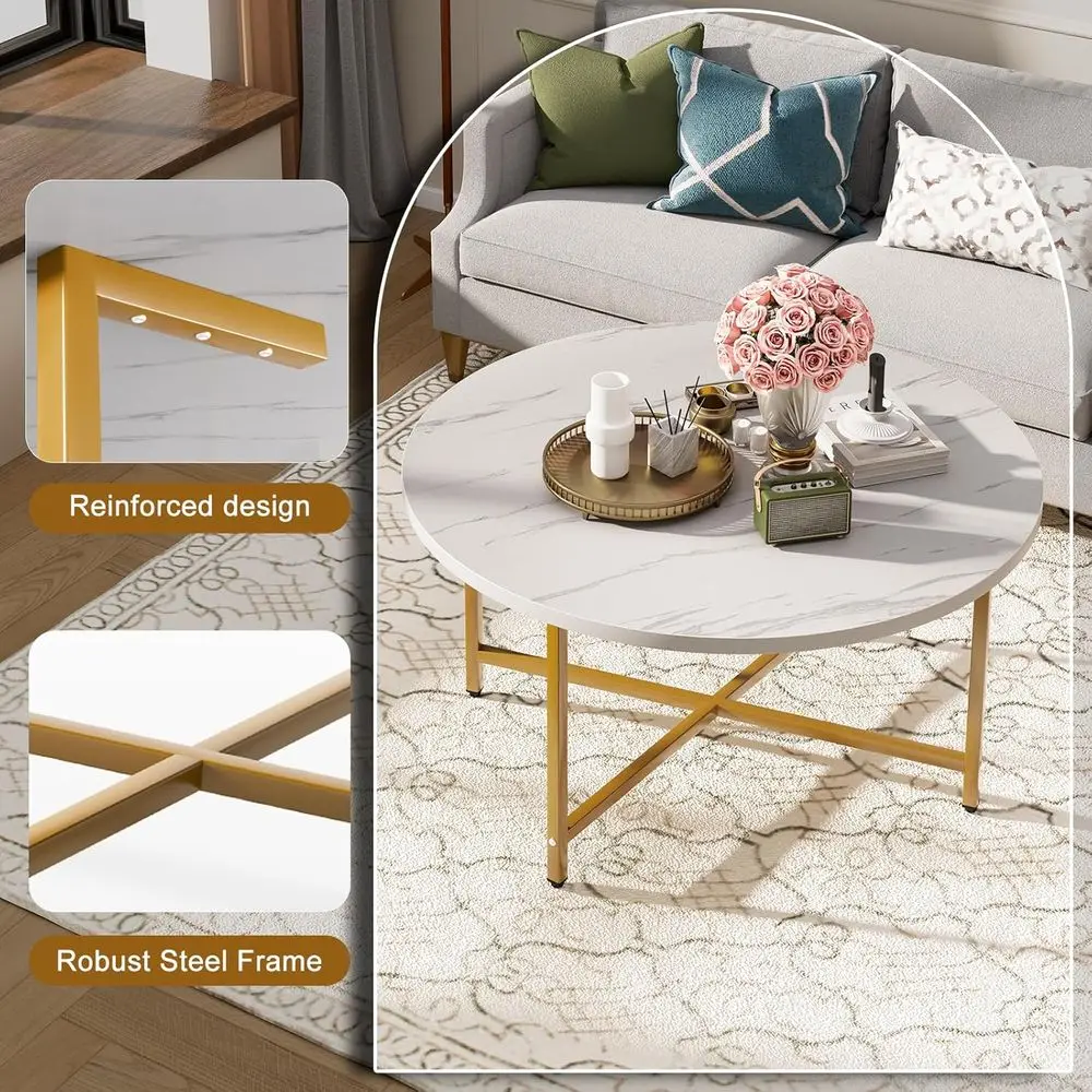 大きな白と金の丸いコーヒーテーブル、直径31.5インチ、高さ17.7インチ、リビングルーム、オフィス、パティオ、庭での使用に適しています。