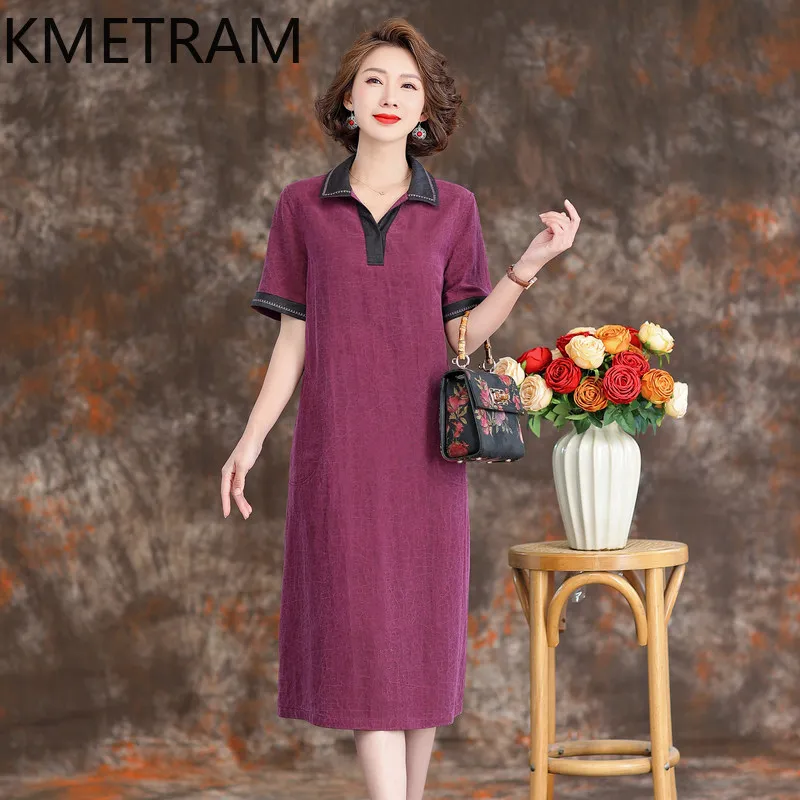KMETRAM 100% Mulberry Silk Dress Woman 2026 Summer High-class Xiangyunsha Reversible Crackle Texture Polo-neck Dress Ropa Mujer