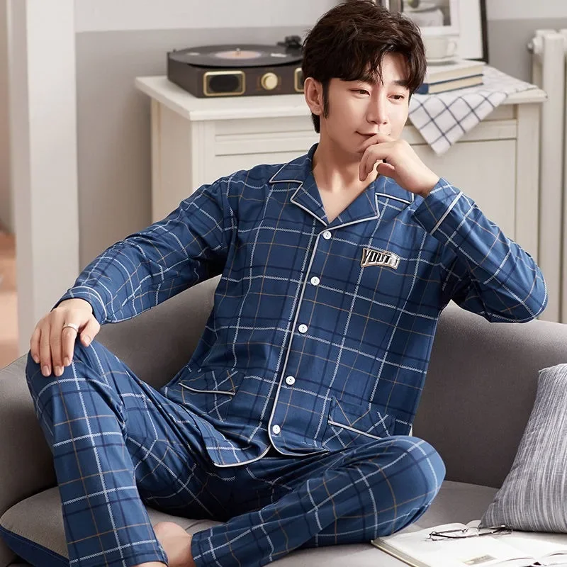 Pajamas Pure cotton Long-sleeved suit Young and middle-aged All cotton Spring autumn winter Autumn loungewear Men's pajamas