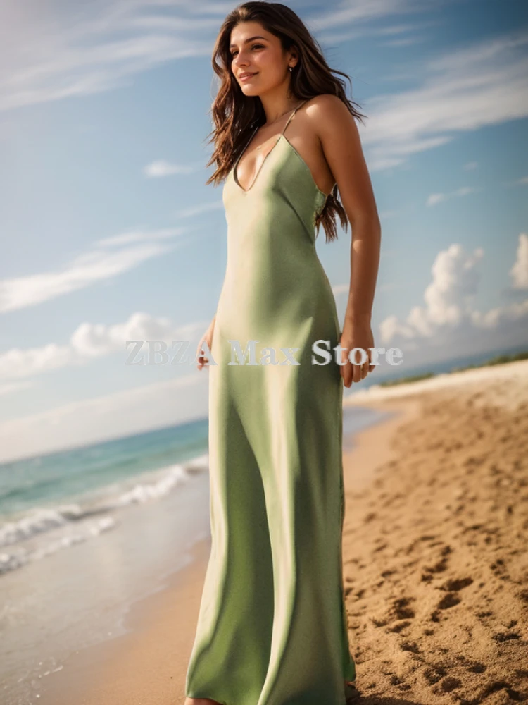 Donna Raso effetto midi slip dress Scollo a V backless cinghie di spaghetti regolabili Senza maniche vita media dimagrante Zip nascosta canotta gonna lunga Estate Nuovo Abito femminile Chic