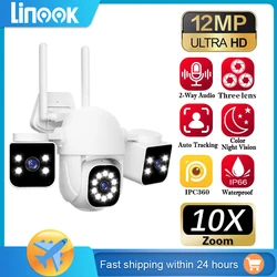 Linook, cámara CCTV de 12MP para exteriores, impermeable, monitoreo de 360 grados, cámara de seguridad inalámbrica sec, cámara wifi